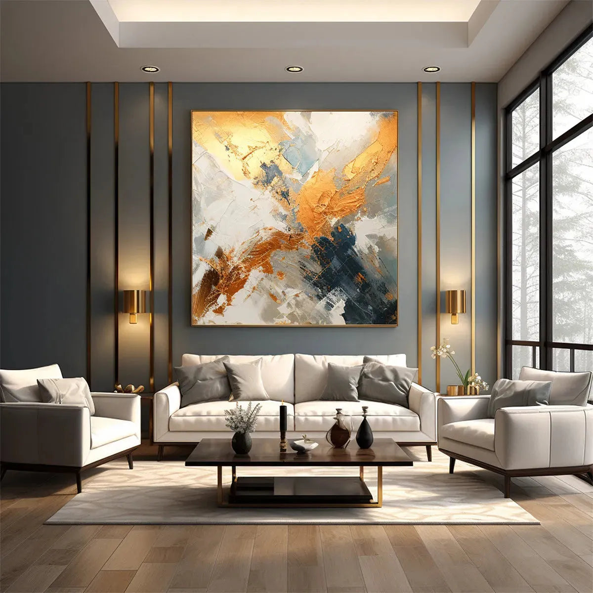 GILDED CONFLUENCE: Square Abstract Oil Painting with Gold, and Grey - Image 2