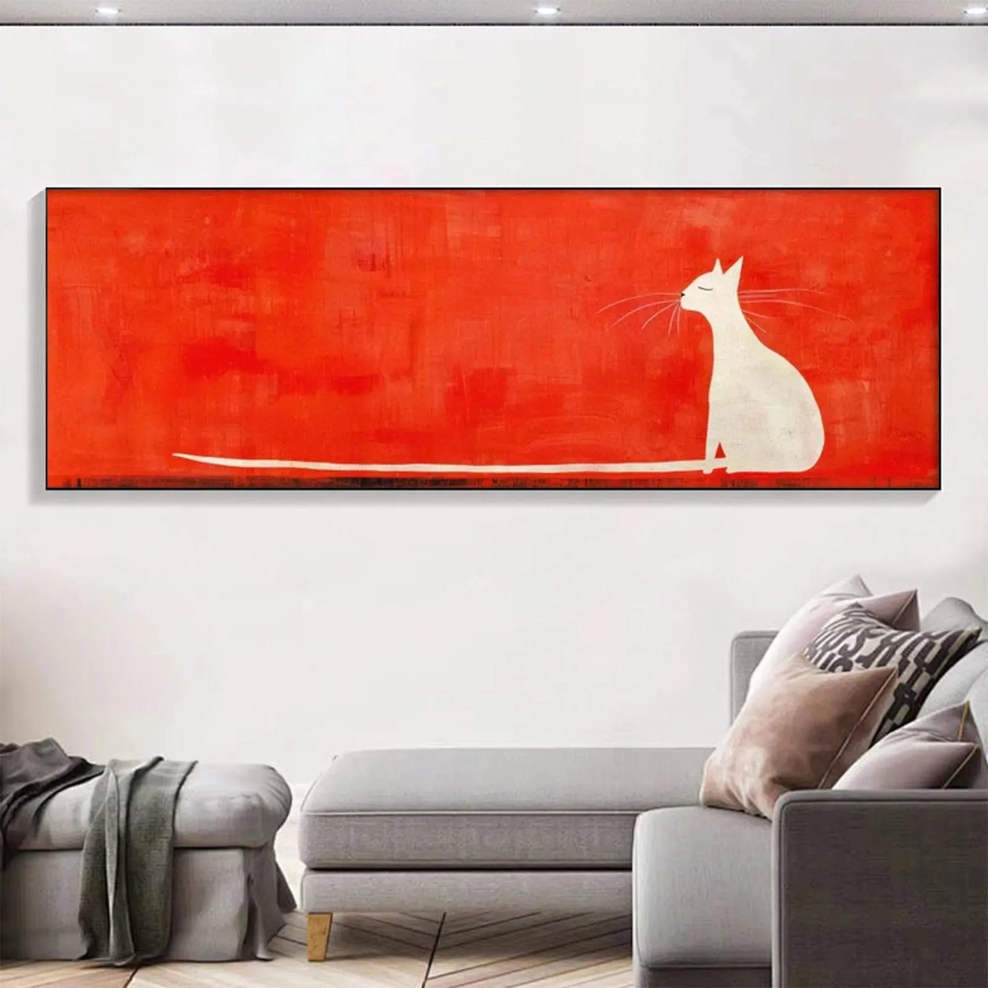 MINIMALIST CAT ON RED PANORAMIC: Cat Painting, Panoramic Wall Art, Minimalist Decor - Image 2