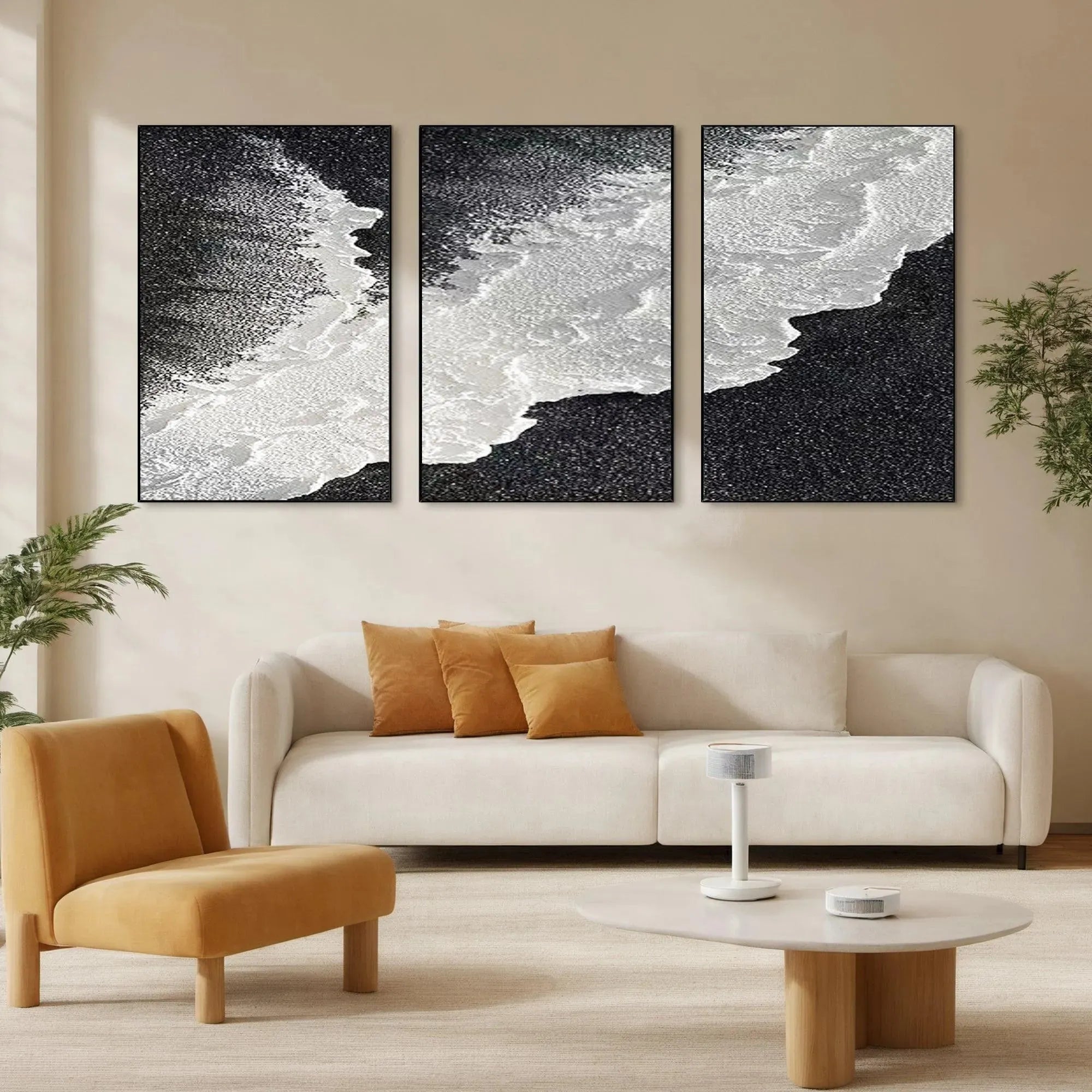 BLACK & WHITE OCEAN TRIPTYCH: Abstract Ocean Painting Set of 3, Vertical Wall Art - Image 2
