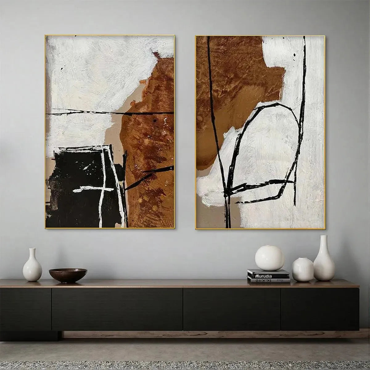 BROWN & WHITE ABSTRACT DIPTYCH: Abstract Painting Set of 2, Vertical Wall Art - Image 2