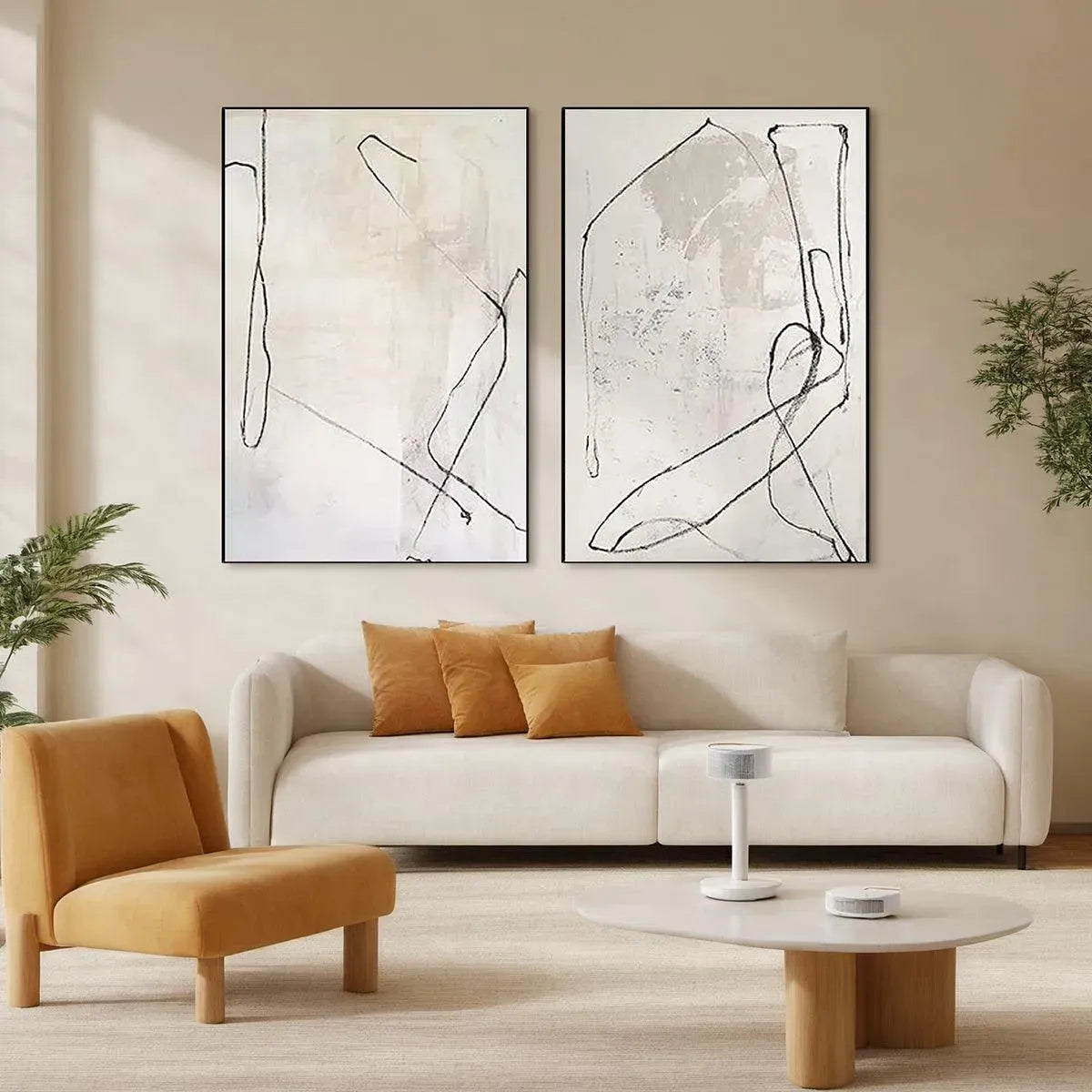 MINIMALIST ABSTRACT DIPTYCH: Beige Abstract Painting Set of 2 - Image 2