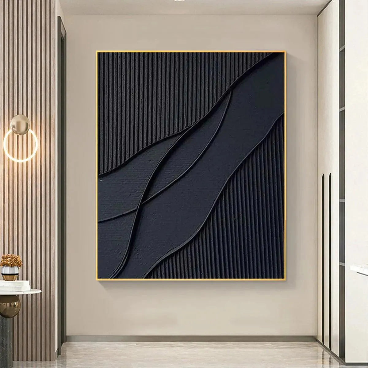 BLACK TEXTURED WAVES: Minimalist Textured Abstract Painting - Image 6