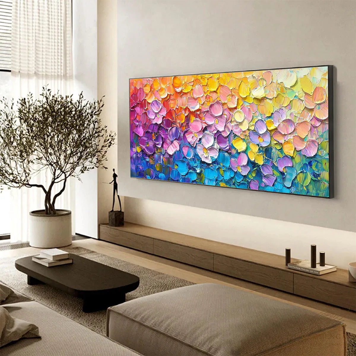 RAINBOW FALLS: Panoramic Impasto Floral Oil Painting in Vibrant Rainbow Hues - Image 4