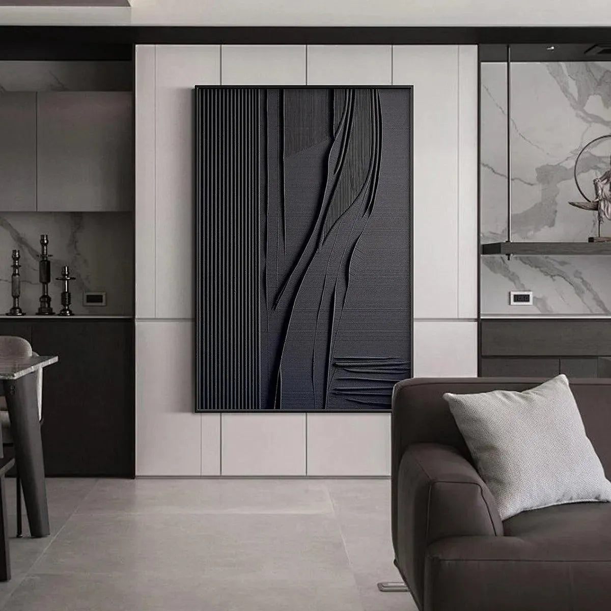 BLACK TEXTURED LINES AND CURVES: Minimalist Textured Abstract Painting - Image 6