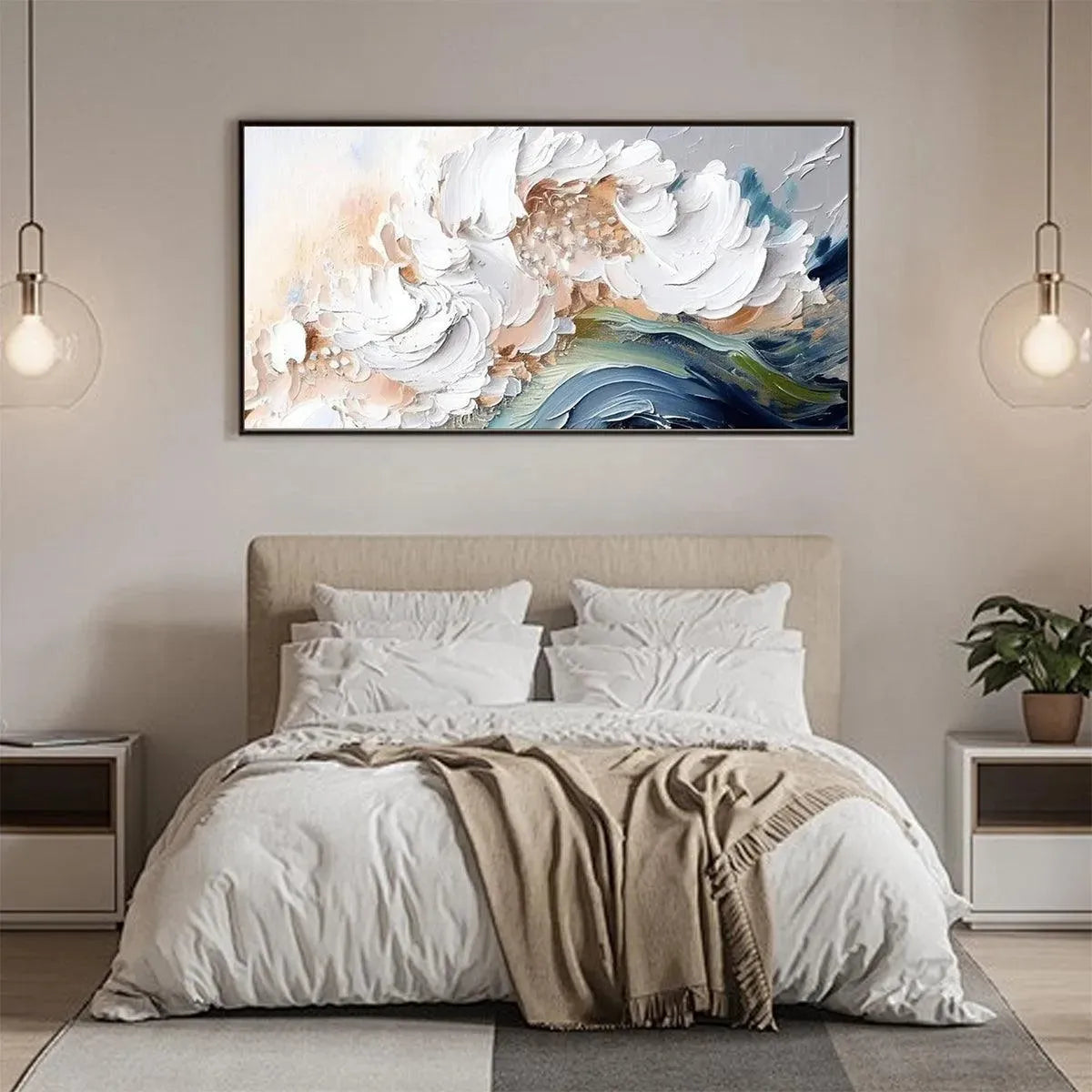 OCEAN WHISPERS: Textured Abstract Seascape Painting, White and Blue Wall Art, Panoramic Canvas, Coastal Decor - Image 4