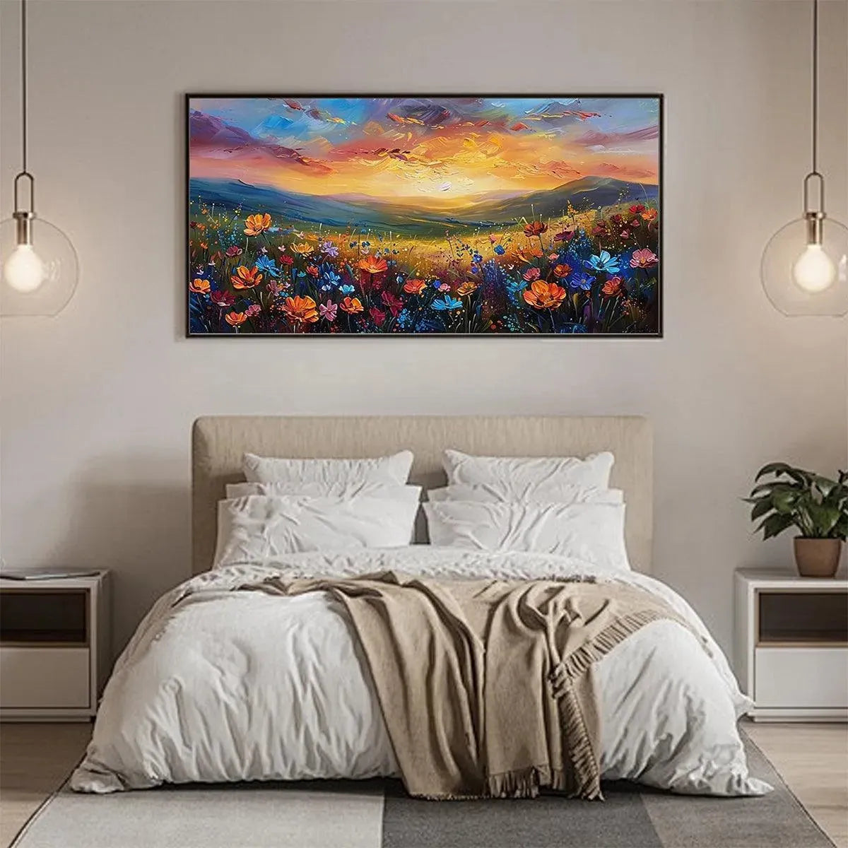 SUNSET SERENADE: Textured Floral Landscape Painting, Impasto Wall Art, Horizontal Canvas, Sunset Decor - Image 5