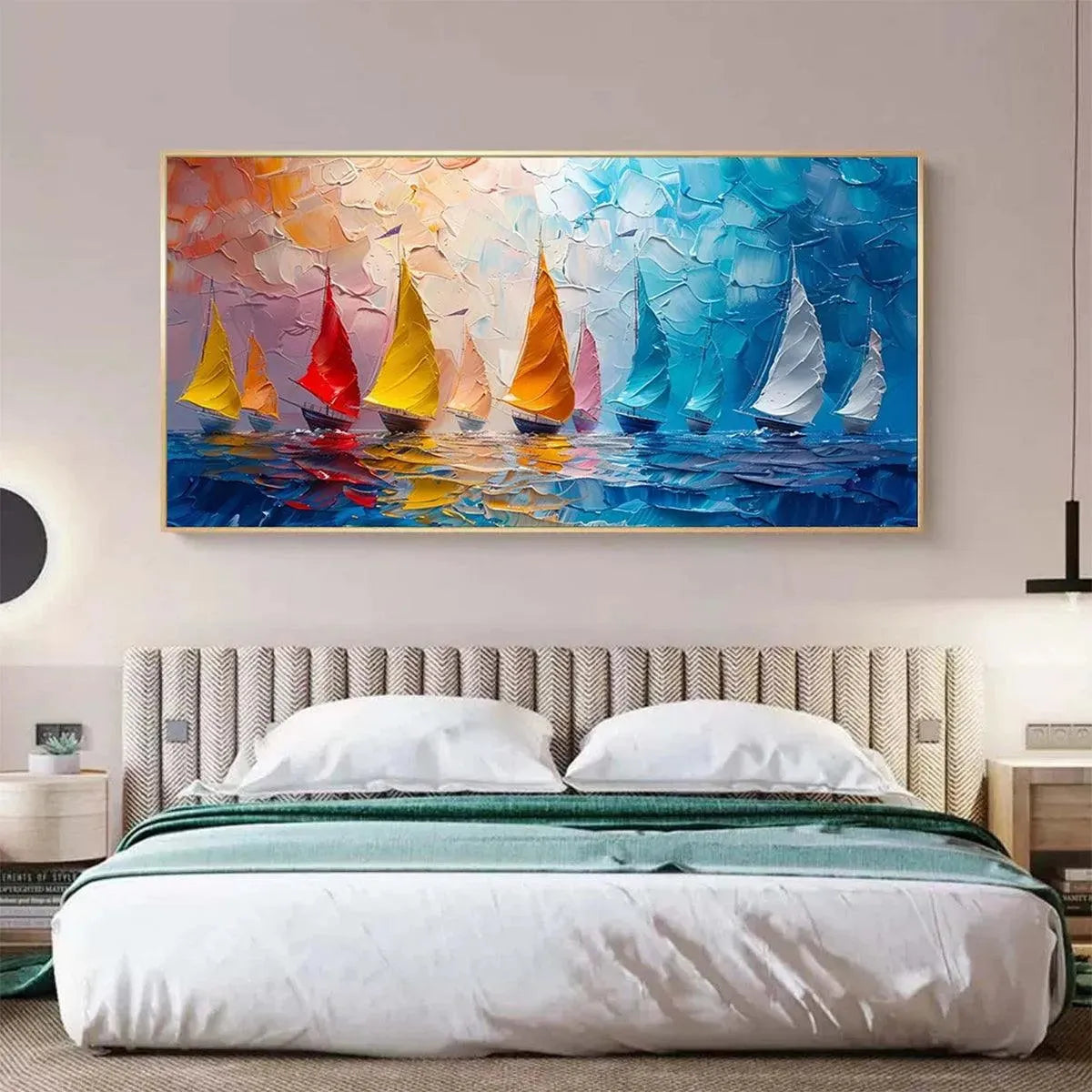 REGATTA: Textured Sailboat Painting, Impasto Wall Art, Panoramic Canvas, Coastal Decor - Image 4