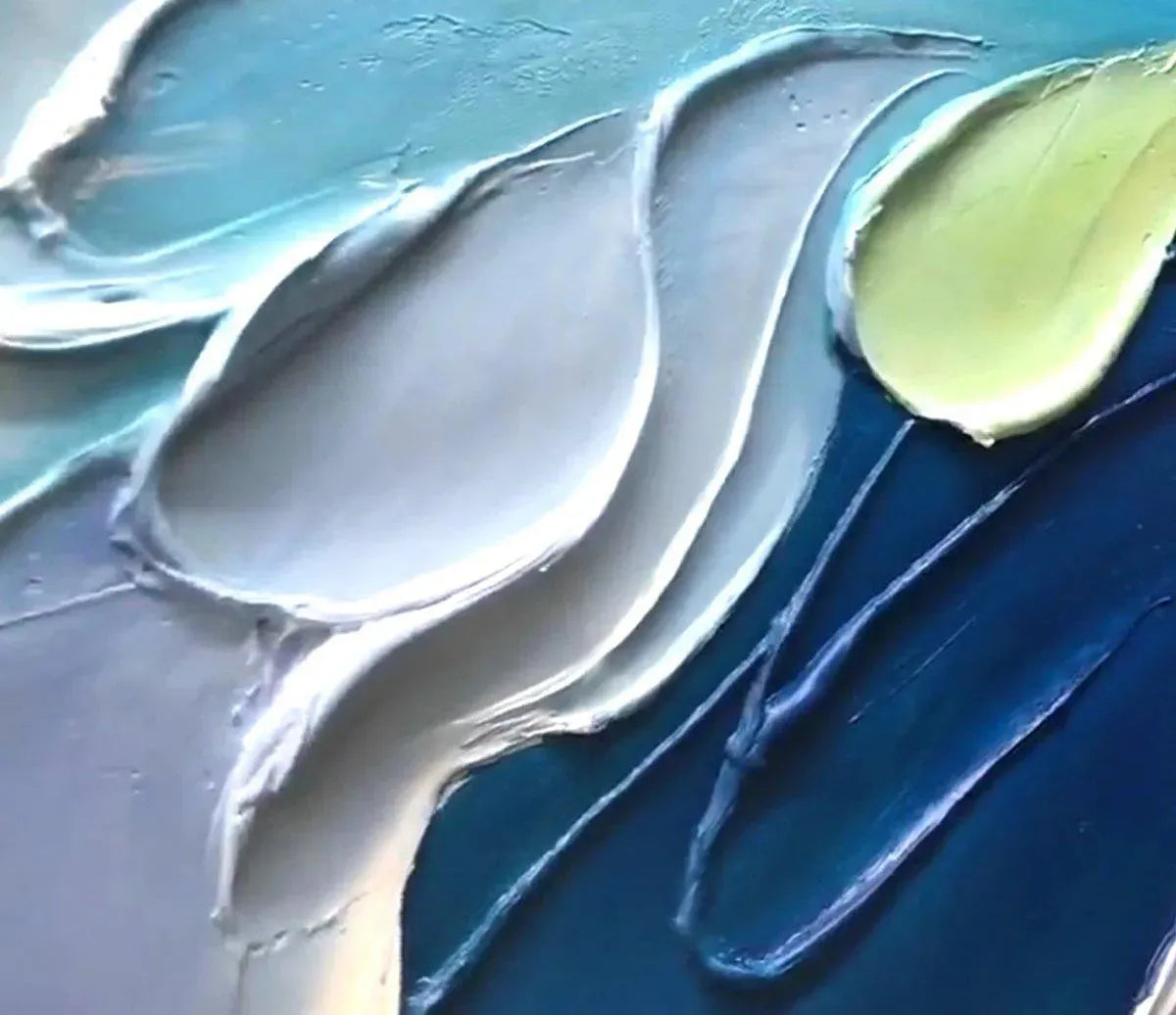 OCEANIC BLOOM: Textured Abstract Floral Painting in Blue and Beige - Image 5