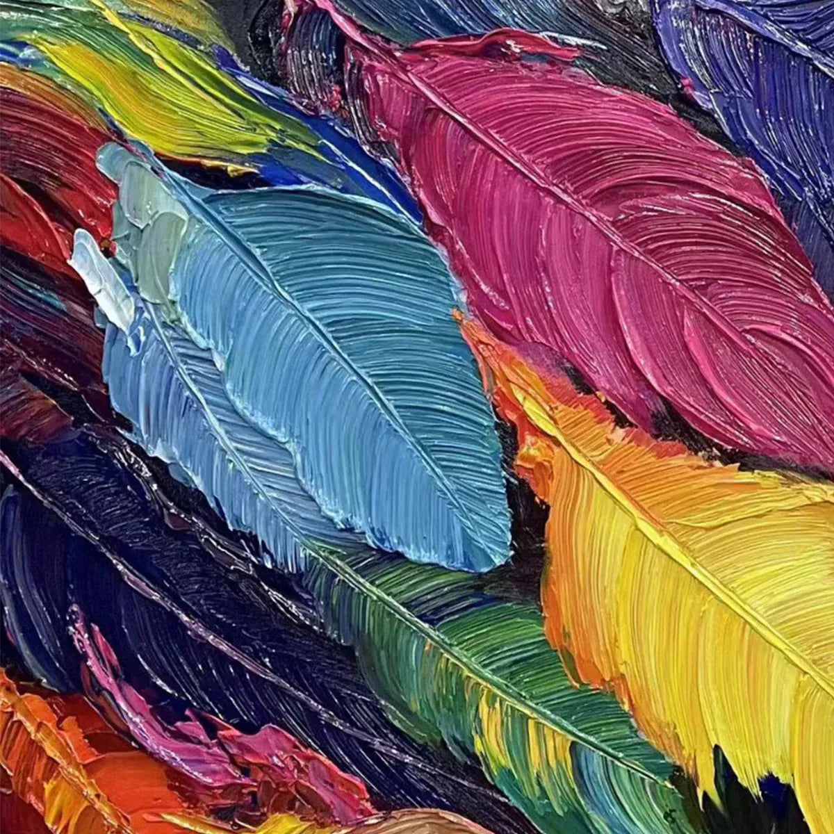FEATHER DANCE: Horizontal Abstract Painting with Colorful Feathers, Textured Impasto, Modern Wall Art - Image 3