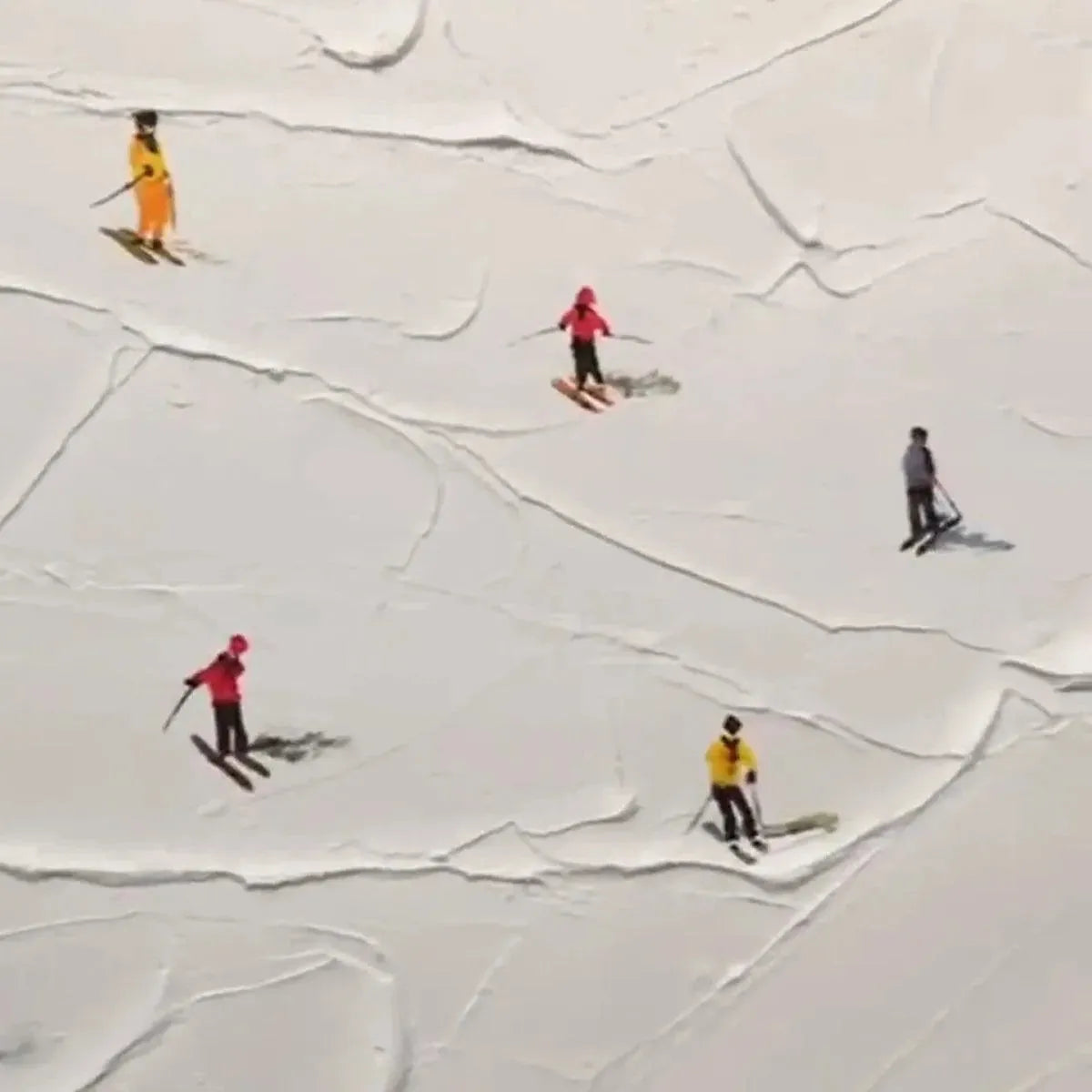 SKI SLOPES: Minimalist Painting of Skiers on a Snowy Slope - Image 3