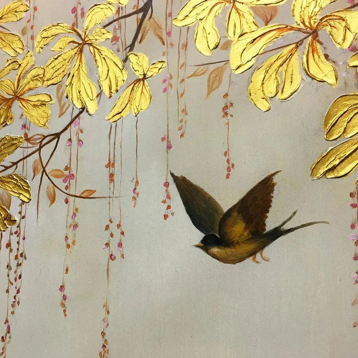 GOLDEN GARDEN: Panoramic Golden Leaf and Bird Painting | Asian Art - Image 3