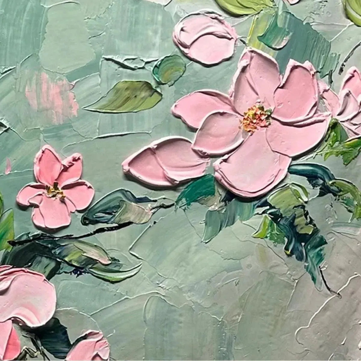 SPRING BLOSSOM: Textured Pink Floral Painting on Green Background - Image 5