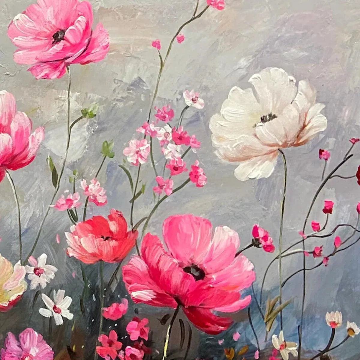 SUMMER BLOOM: Textured Pink and White Floral Painting on Grey Background - Image 3