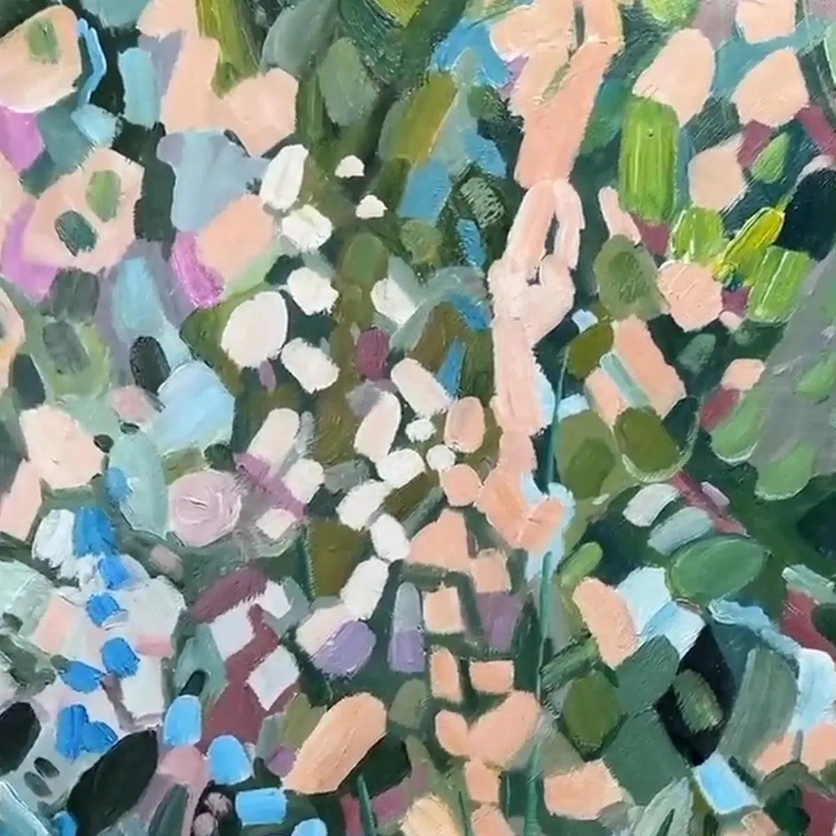 ENCHANTED GARDEN: Vertical Abstract Floral Painting in Green, Blue, and Peach - Image 3