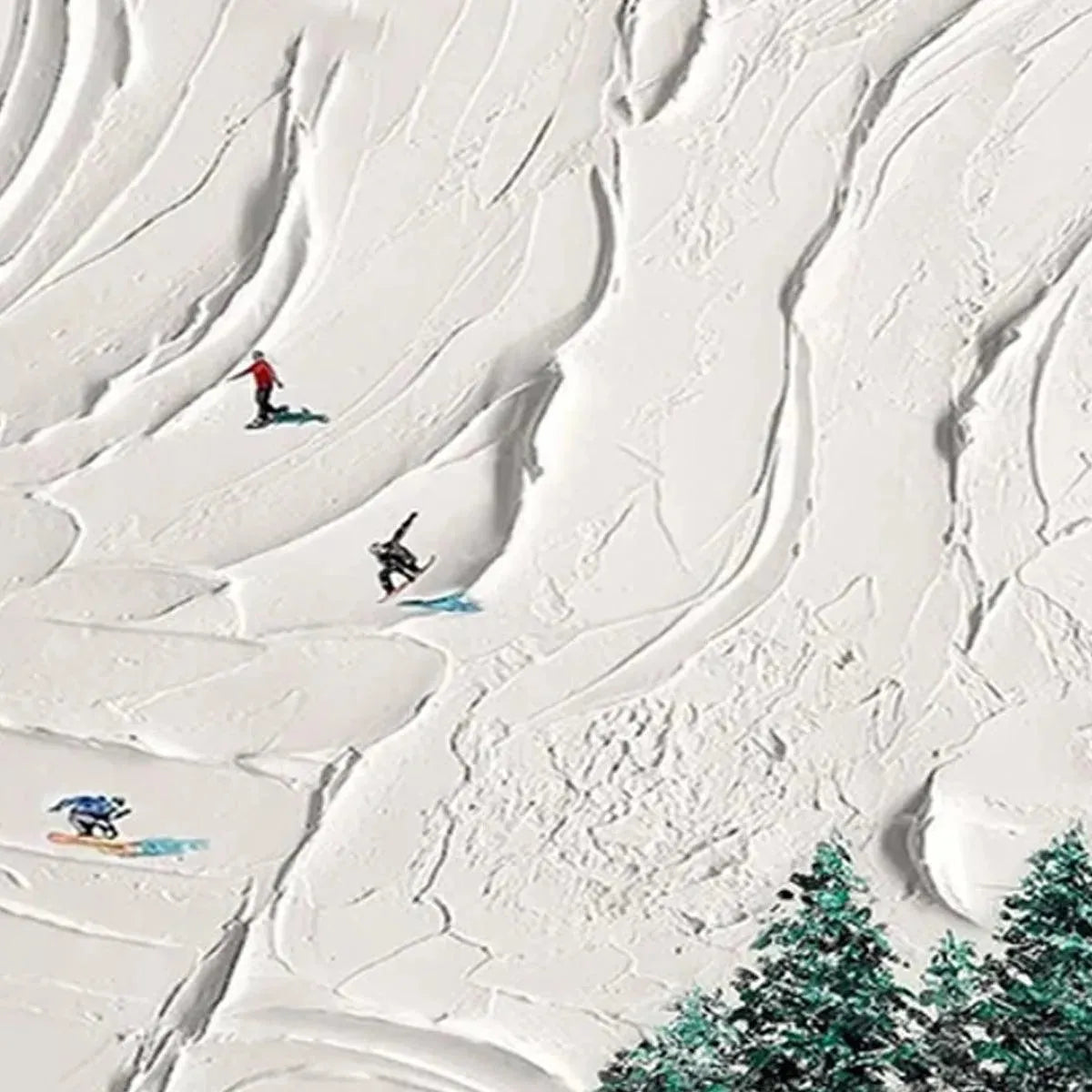 SNOWY PEAKS: Textured Minimalist Winter Landscape Painting with Skiers - Image 3