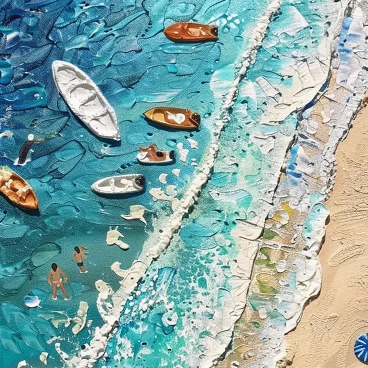 SUN-KISSED SHORES: Textured Beach Scene Painting with Figures - Image 3
