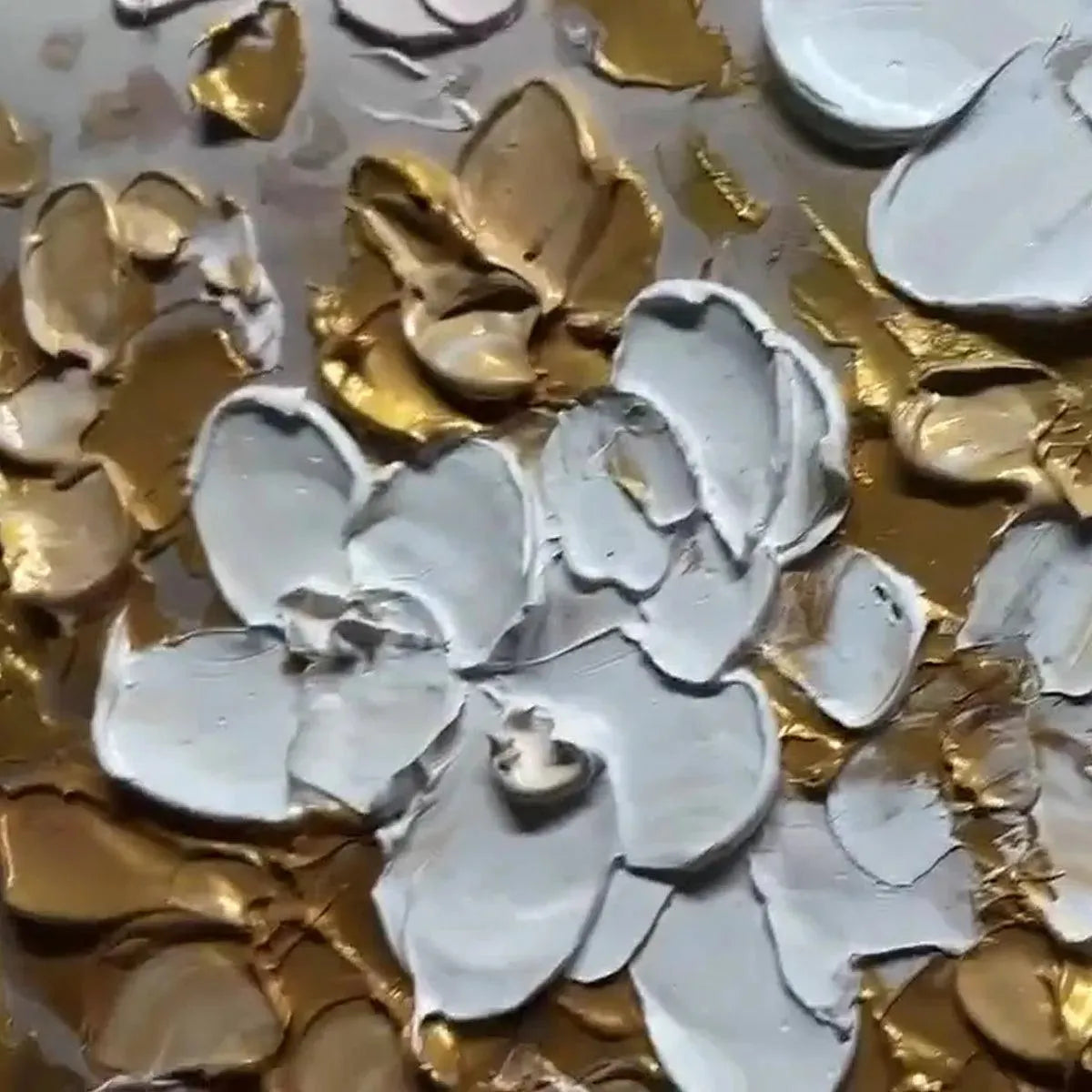 GOLDEN GARDEN: Textured White and Gold Floral Impasto Painting - Image 3