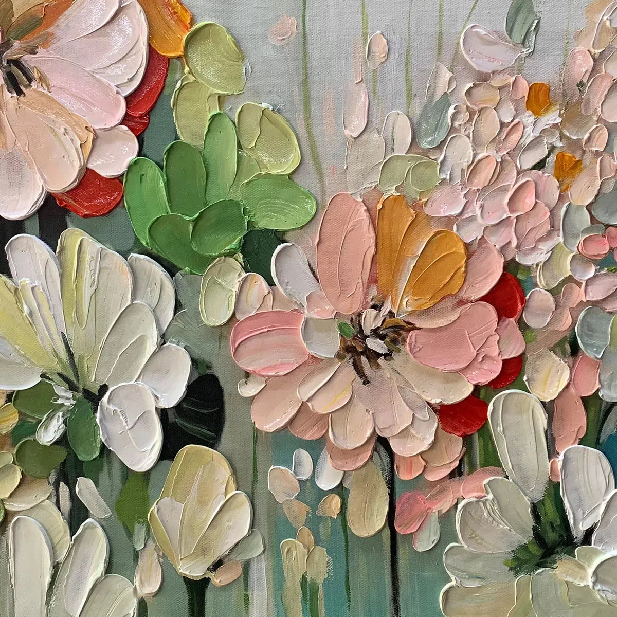 GARDEN DELIGHT: Textured Floral Painting, Impasto Palette Knife, Horizontal Canvas, Garden Wall Art - Image 5