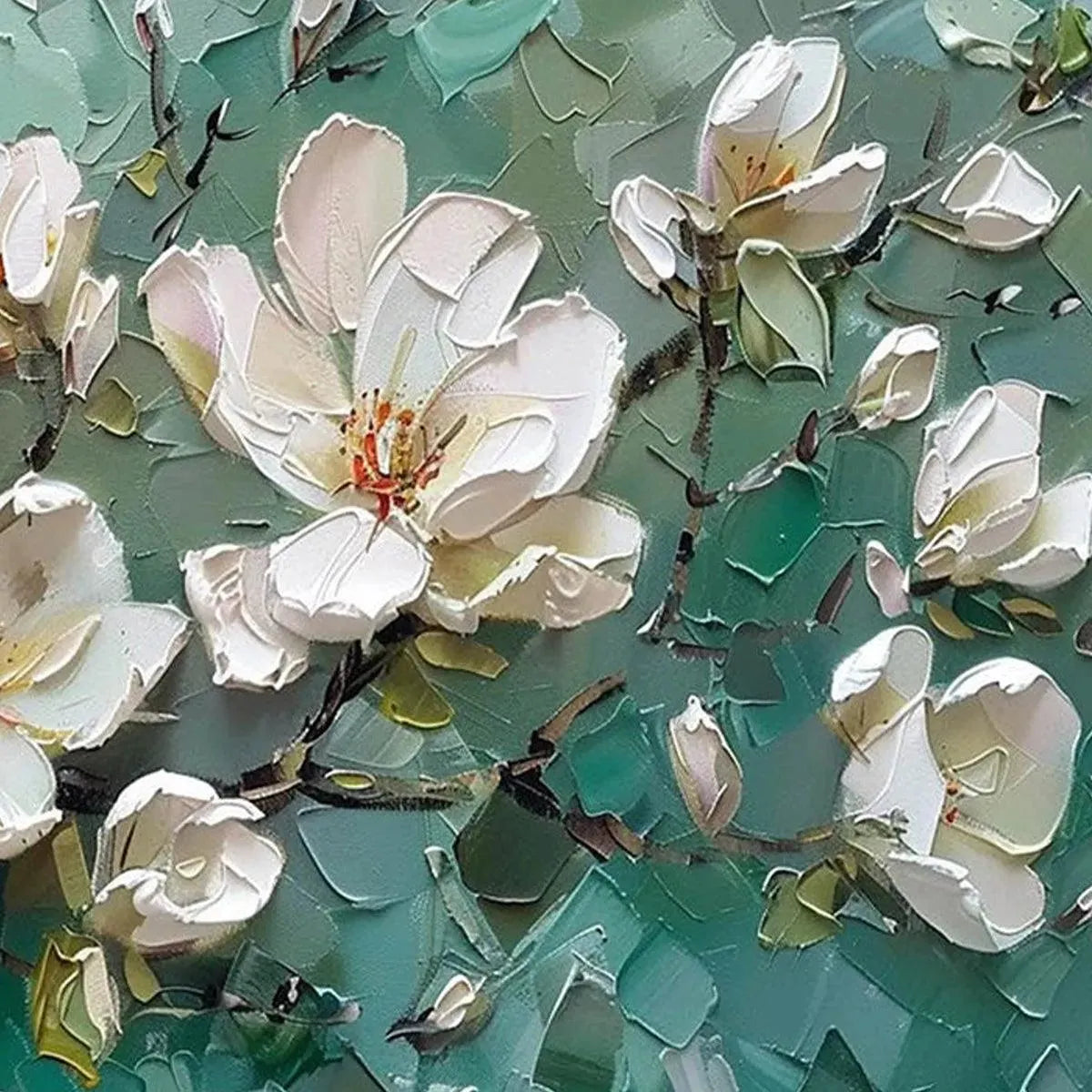 JADE MAGNOLIAS: White Magnolia Impasto Painting for Living Room - Image 4