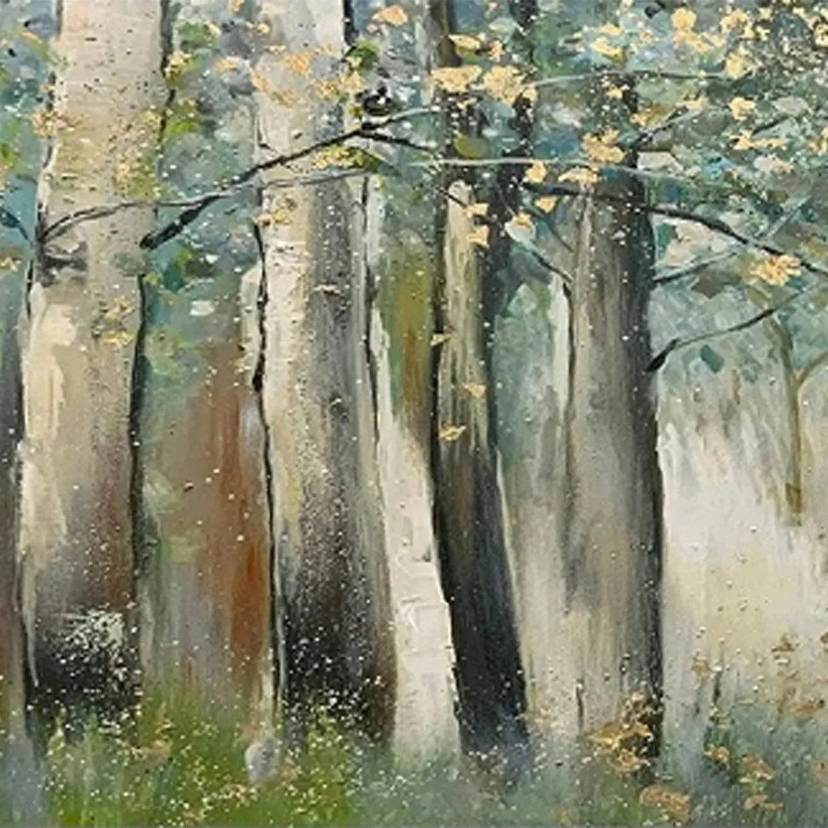 WHISPERING WOODS: Serene Green and Gold Forest Landscape Painting - Image 5