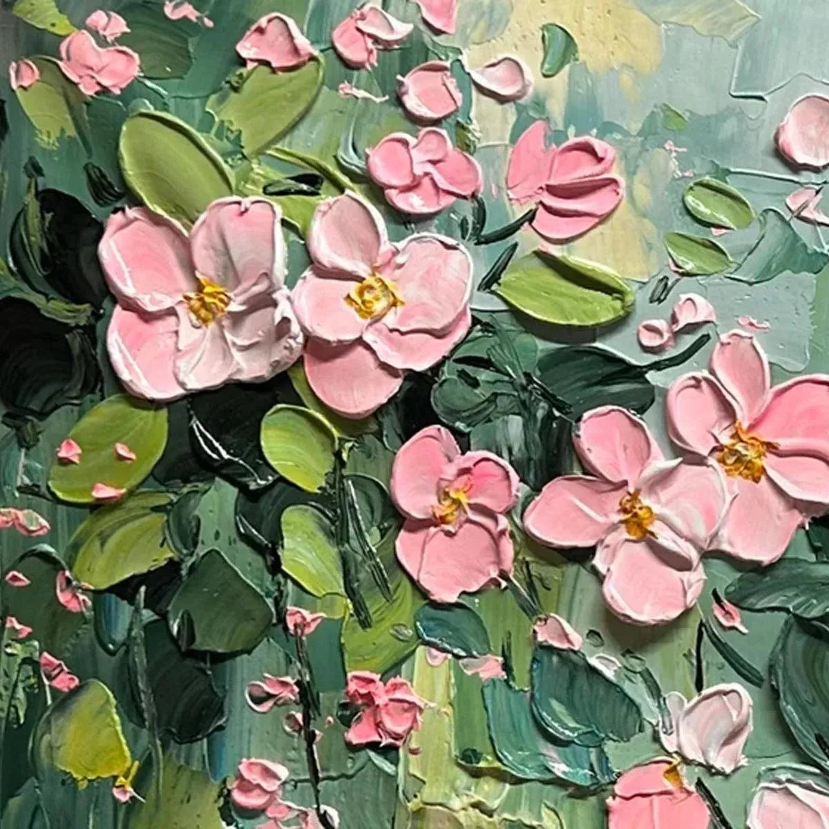 SPRING BLOSSOM: Textured Pink Floral Painting on Green Background - Image 3