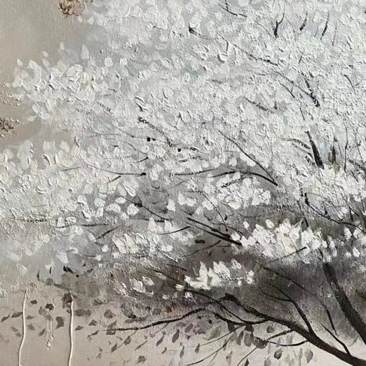 WINTER'S GRACE: Textured White Tree Painting with Gold Accents on Beige - Image 3