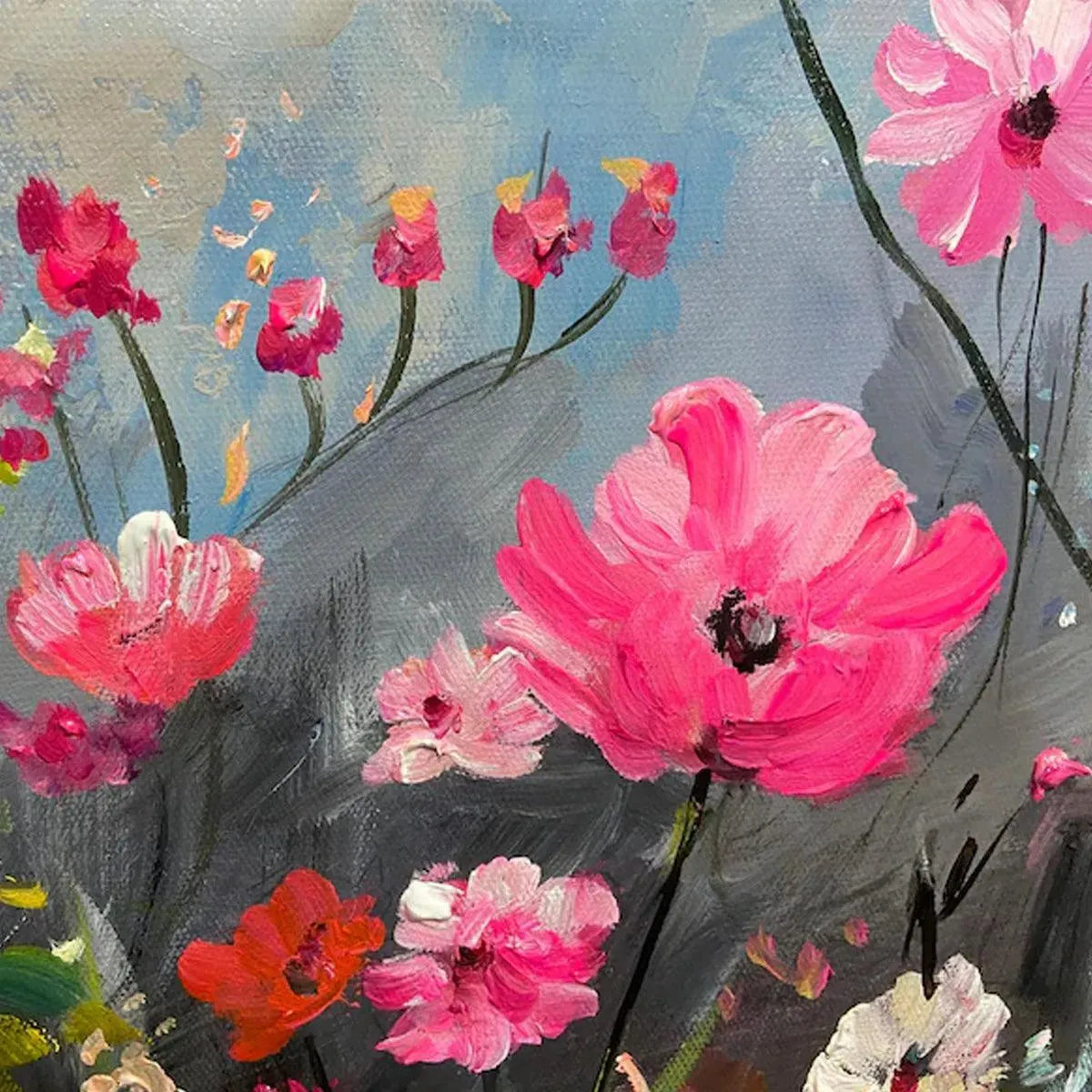SUMMER BLOOM: Textured Pink and White Floral Painting on Grey Background - Image 7