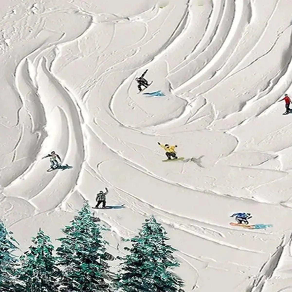 SNOWY PEAKS: Textured Minimalist Winter Landscape Painting with Skiers - Image 5