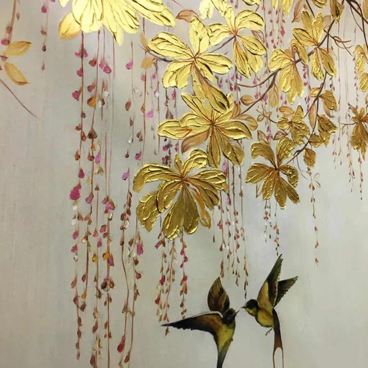 GOLDEN GARDEN: Panoramic Golden Leaf and Bird Painting | Asian Art - Image 6