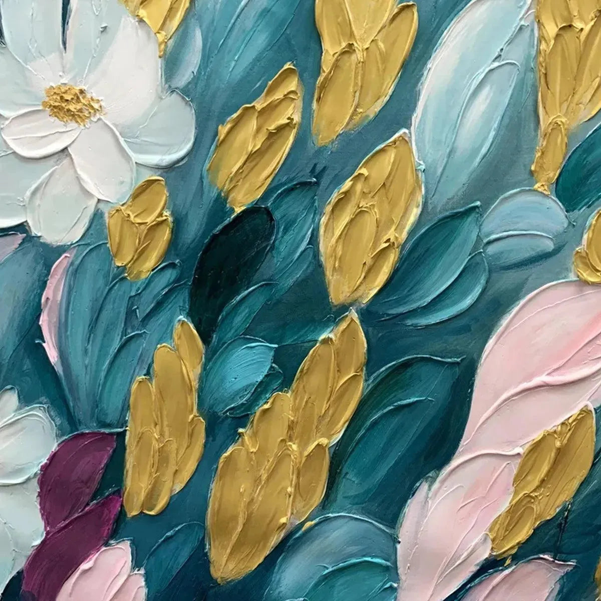 GOLDEN GARDEN: Textured Floral Painting in Teal and Gold - Image 3
