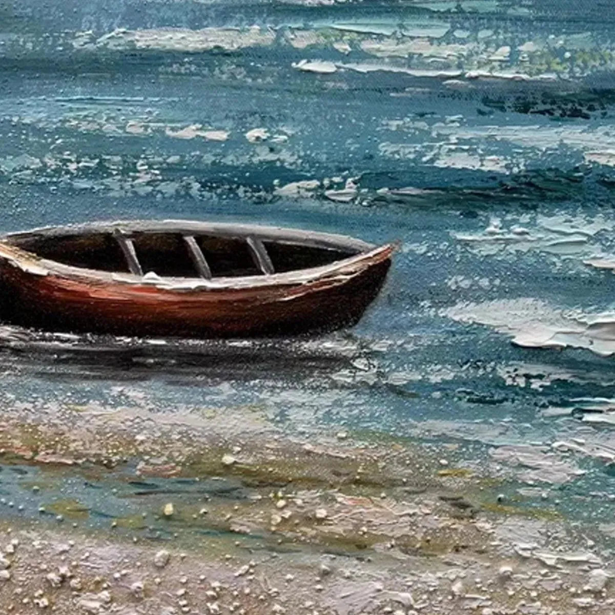 RED BOAT AT THE SHORE: Tranquil Coastal Landscape Painting - Image 3