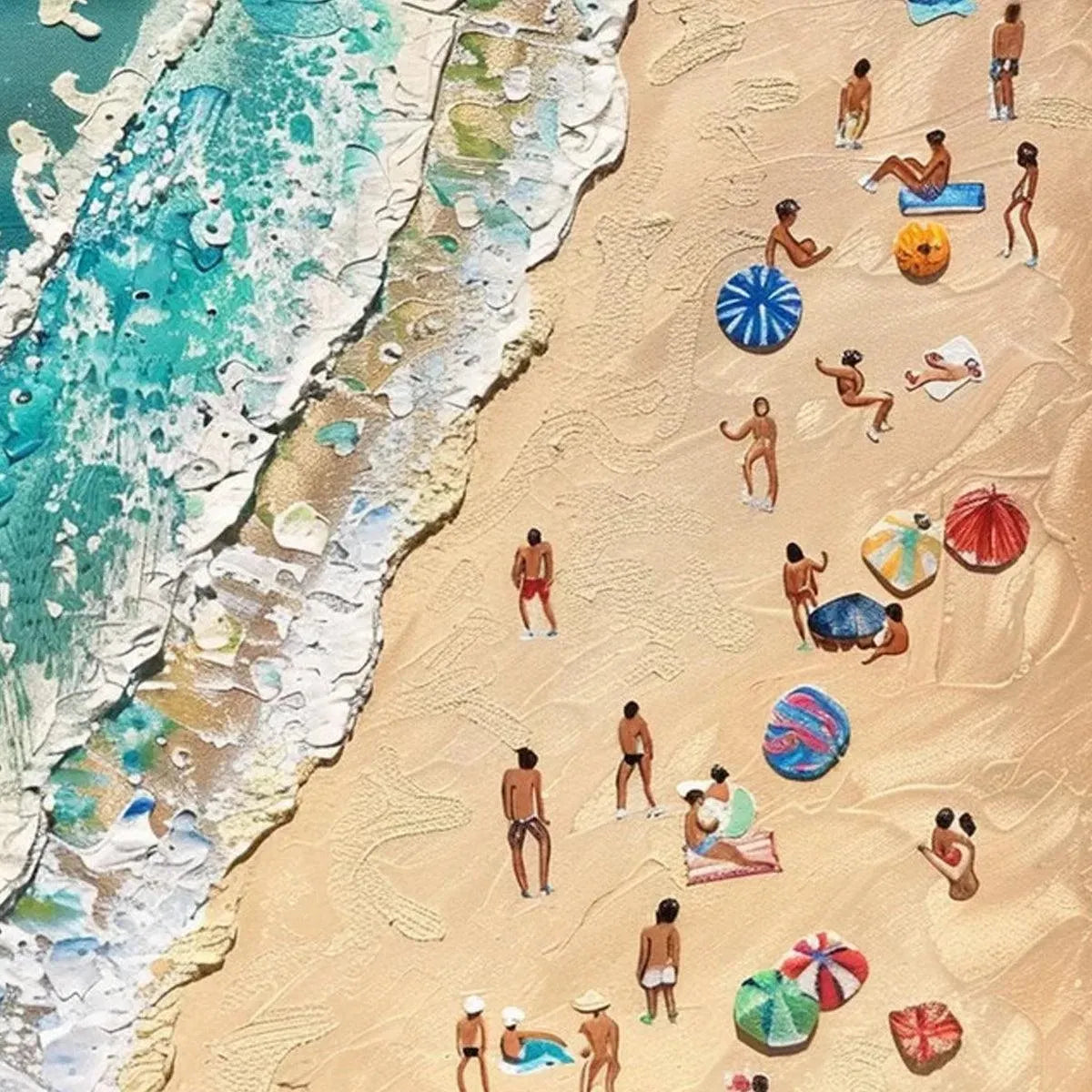 SUN-KISSED SHORES: Textured Beach Scene Painting with Figures - Image 6