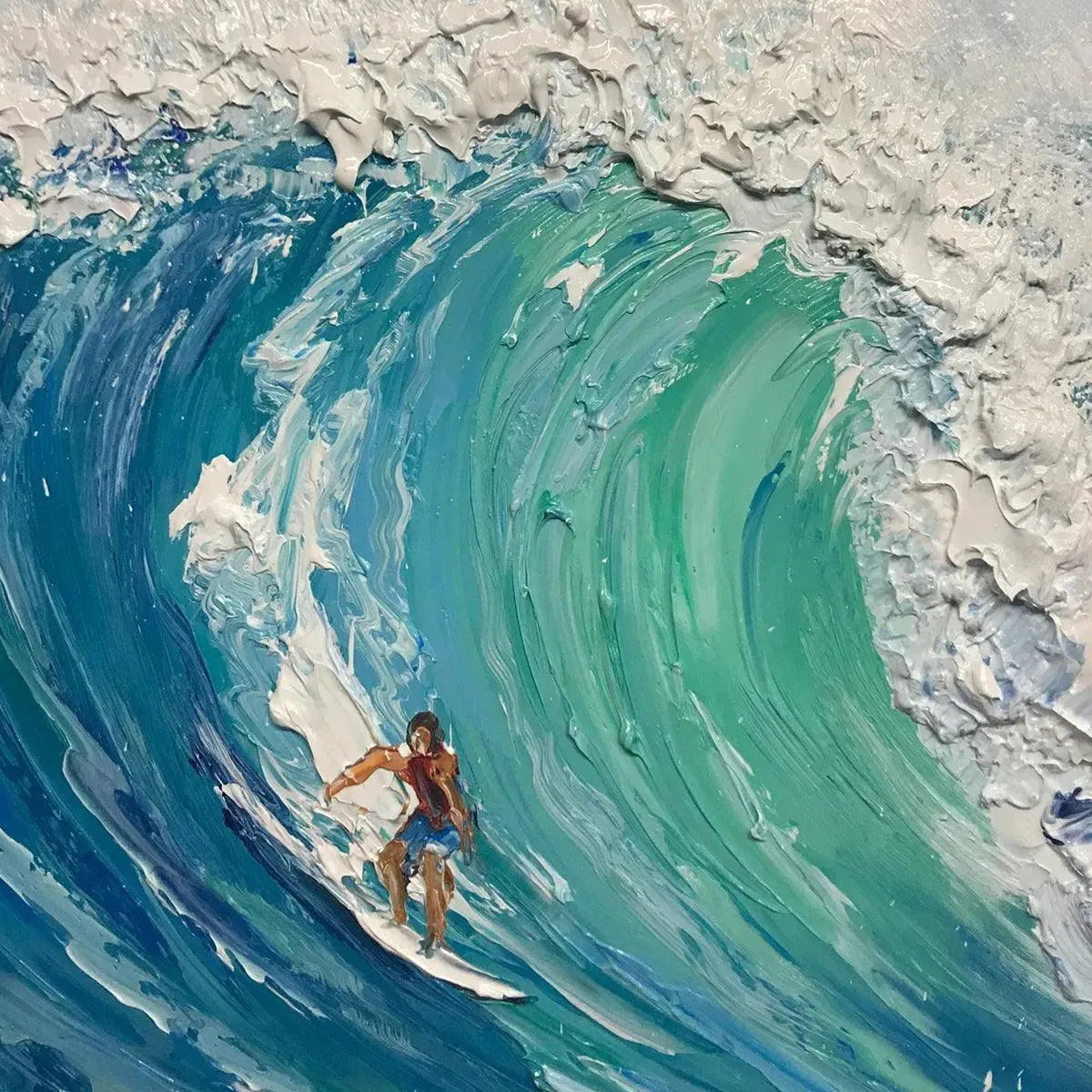 EMERALD SURGE: Textured Blue Ocean Wave Painting with Surfer - Image 7