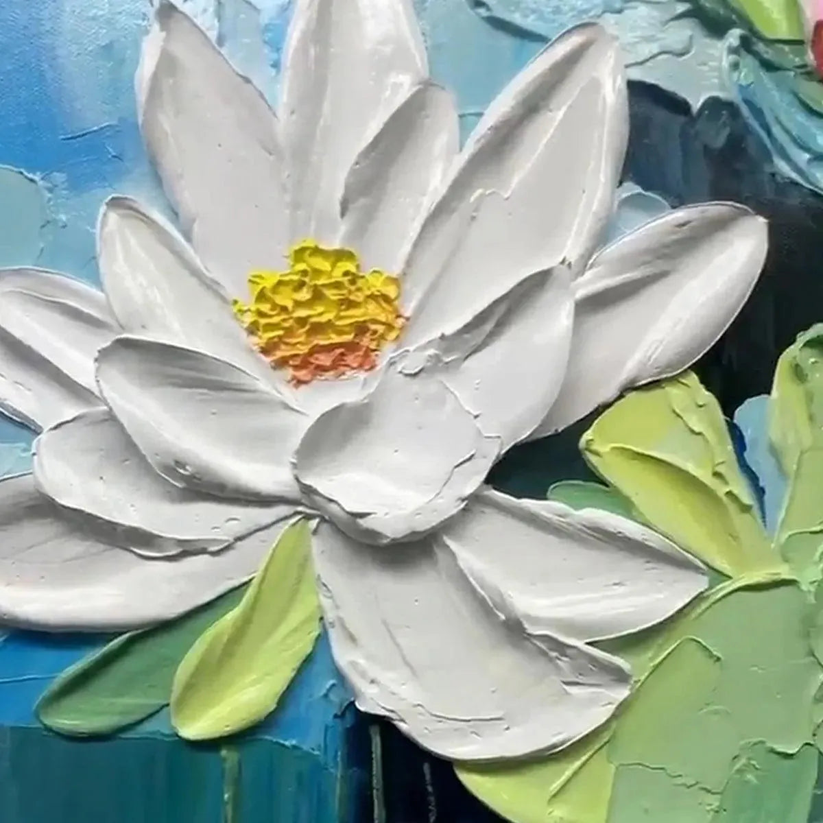 SERENE LOTUS POND: Textured Impasto Water Lilies Painting, Horizontal Wall Art - Image 3