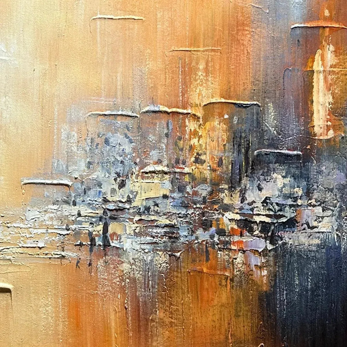 GOLDEN CITY: Textured Abstract Cityscape Painting in Orange and Blue - Image 3