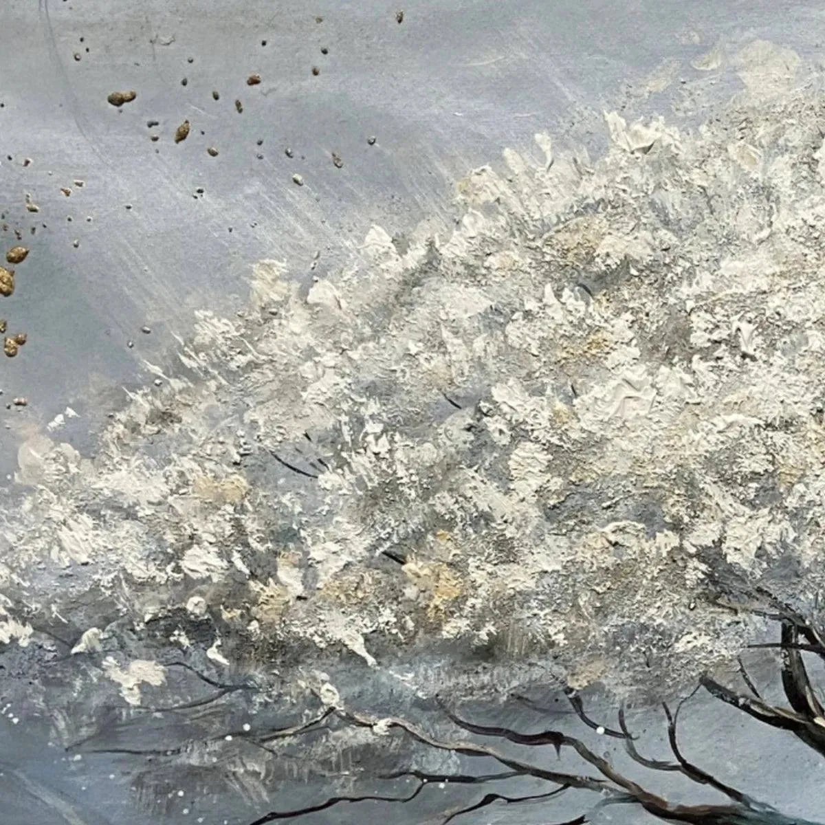 SILVER LINING: Textured White and Gold Tree Painting on Grey Background - Image 3
