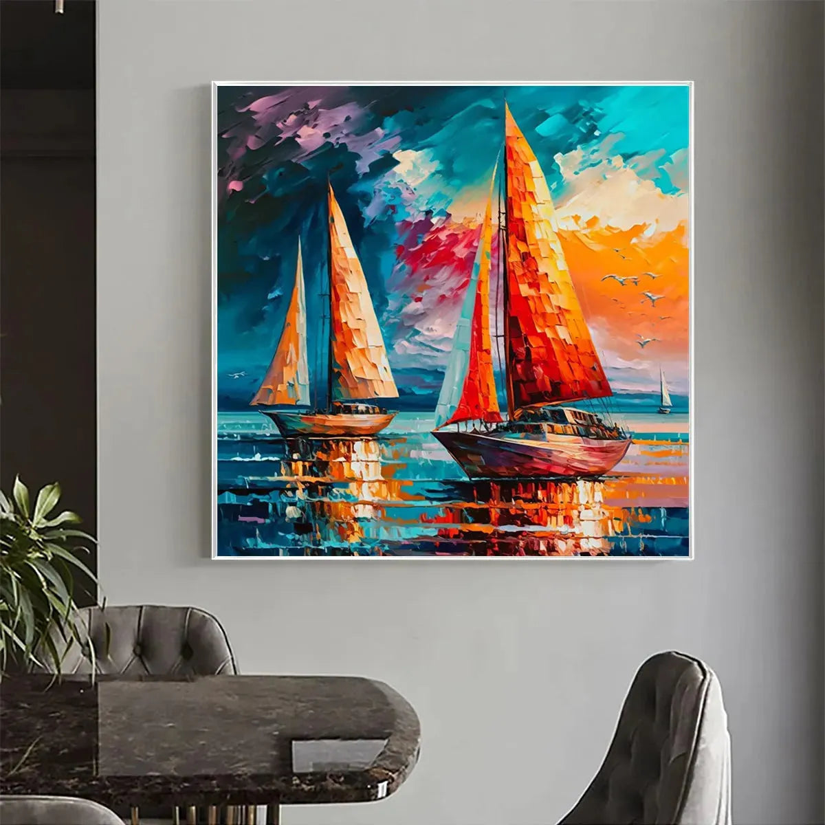 EVENING SAIL: Square Sailboat Painting, Colorful Sunset - Image 2