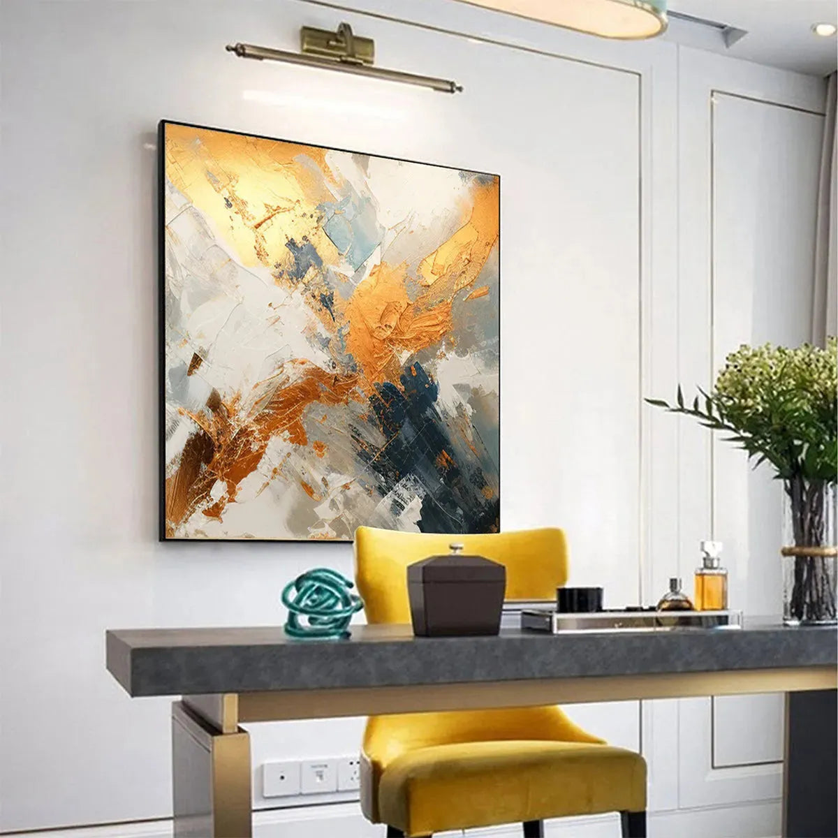 GILDED CONFLUENCE: Square Abstract Oil Painting with Gold, and Grey - Image 3