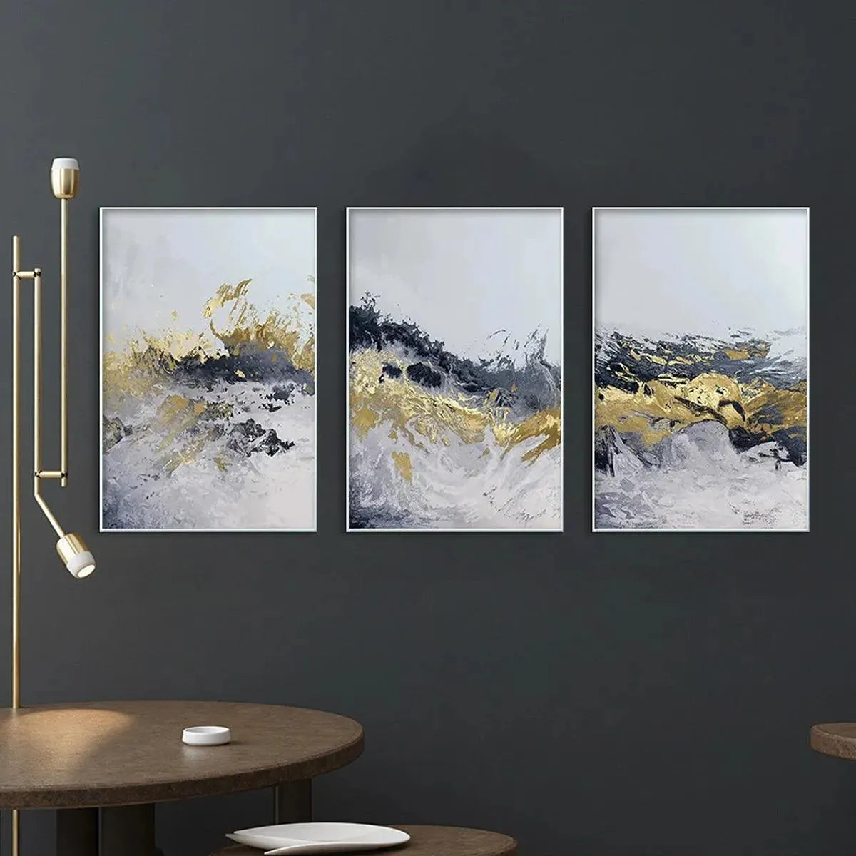 GOLD & GREY ABSTRACT TRIPTYCH: Abstract Painting Set of 3, Vertical Wall Art - Image 4