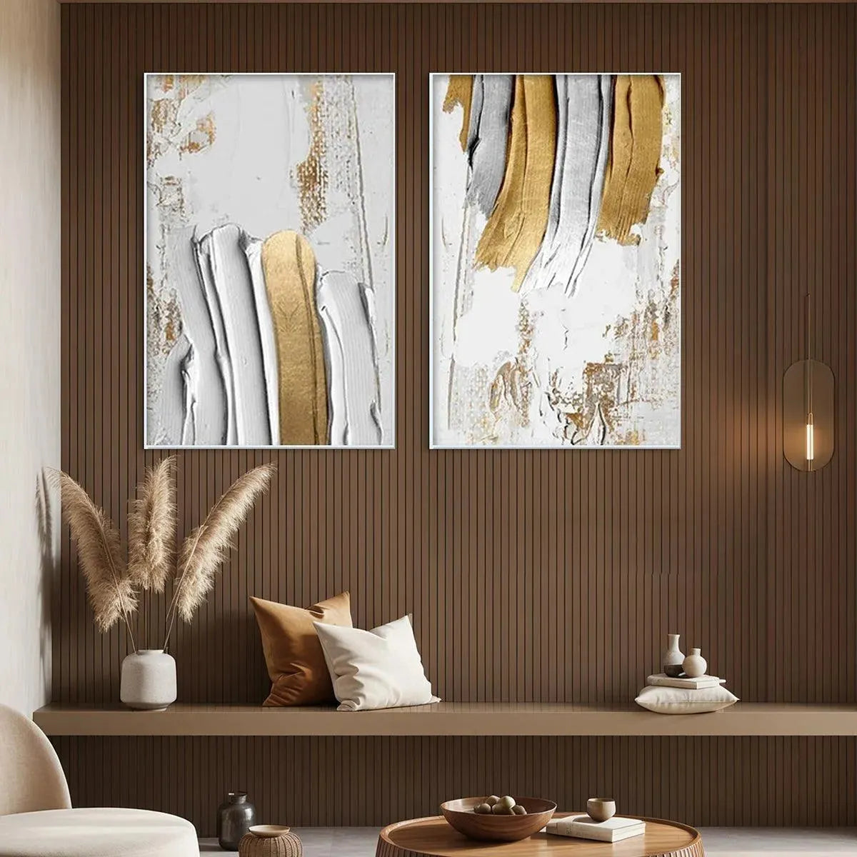GOLDEN LINES DIPTYCH: Textured Abstract Painting Set of 2, Vertical Wall Art - Image 4