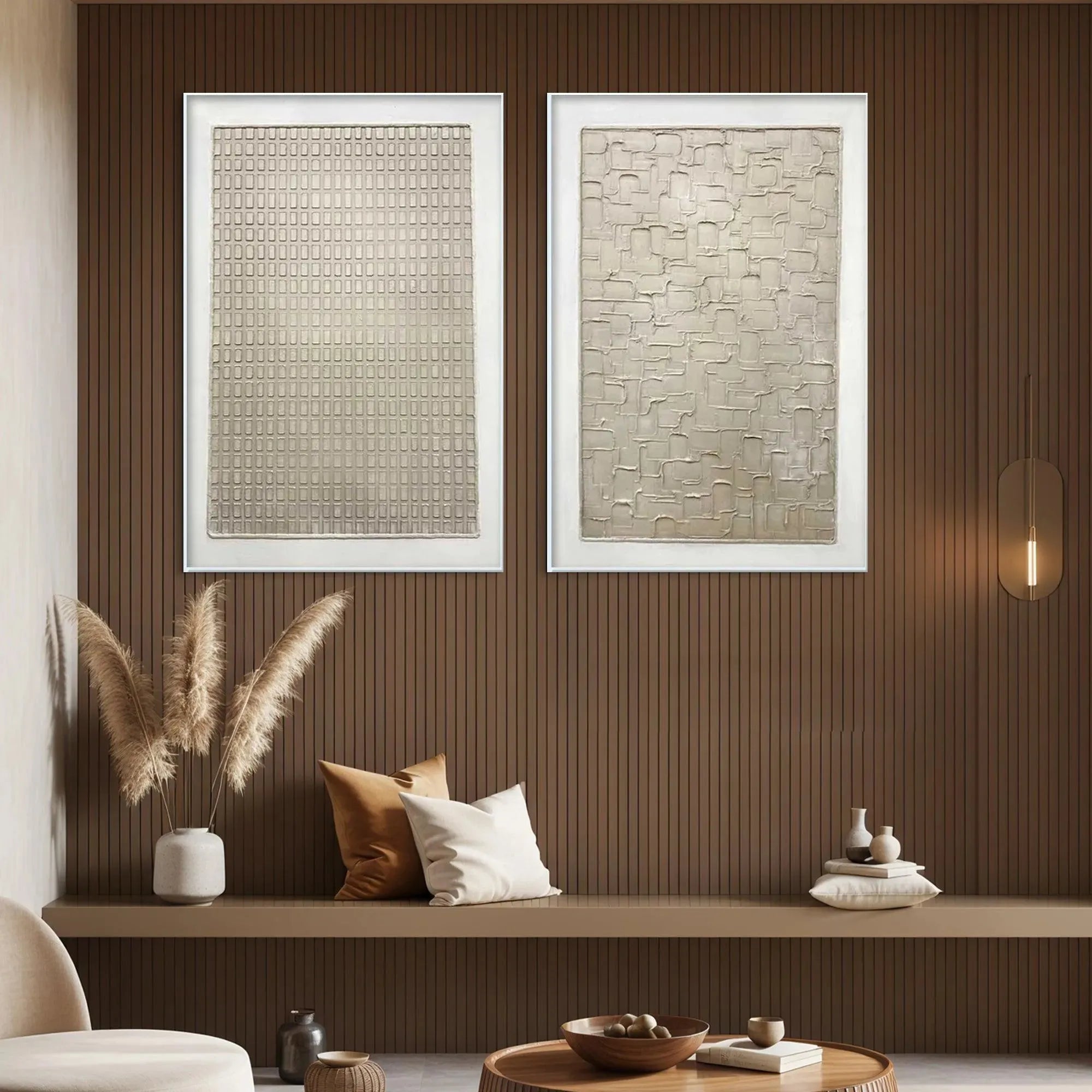 TEXTURED BEIGE GRID SET: Minimalist Textured Painting Set of 2 - Image 8