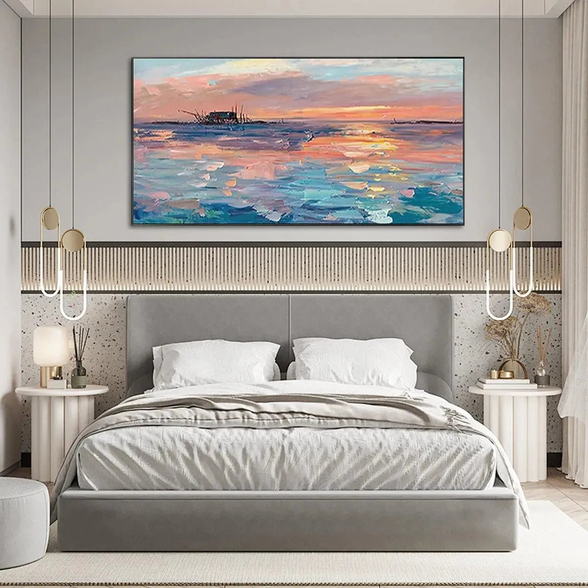 DUSK REFLECTIONS: Panoramic Coastal Sunset Painting, Minimalist Wall Art - Image 3