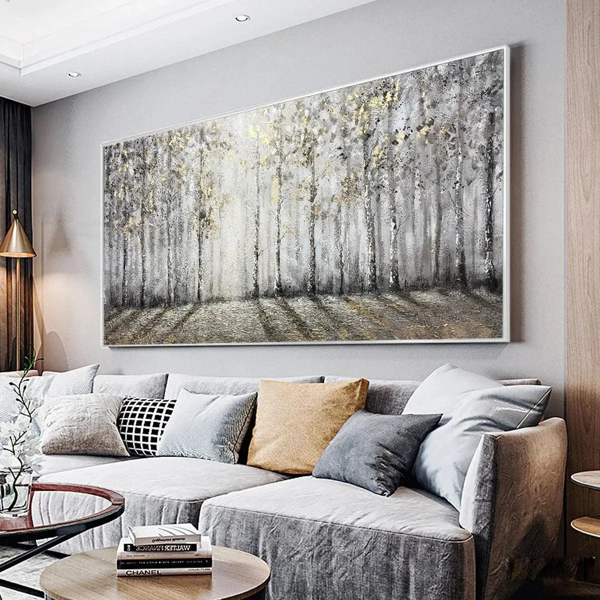 GOLDEN BIRCHWOOD: Panoramic Birch Forest Landscape Oil Painting with Gold Accents - Image 2