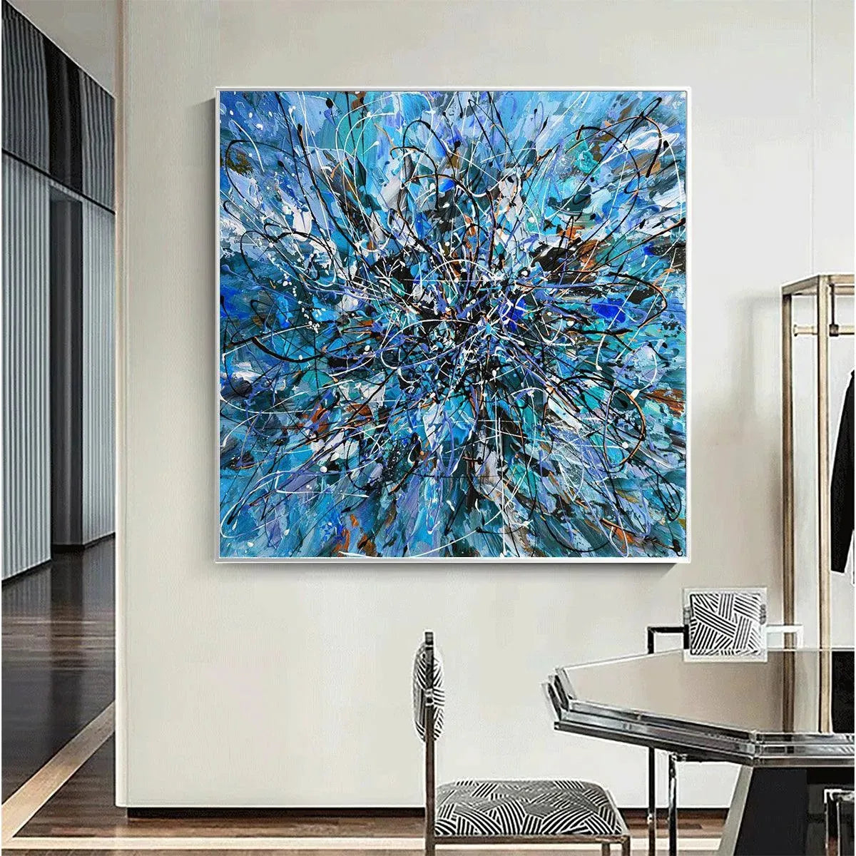 AZURE EXPLORATION: Abstract Blue and Black Oil Painting - Image 4