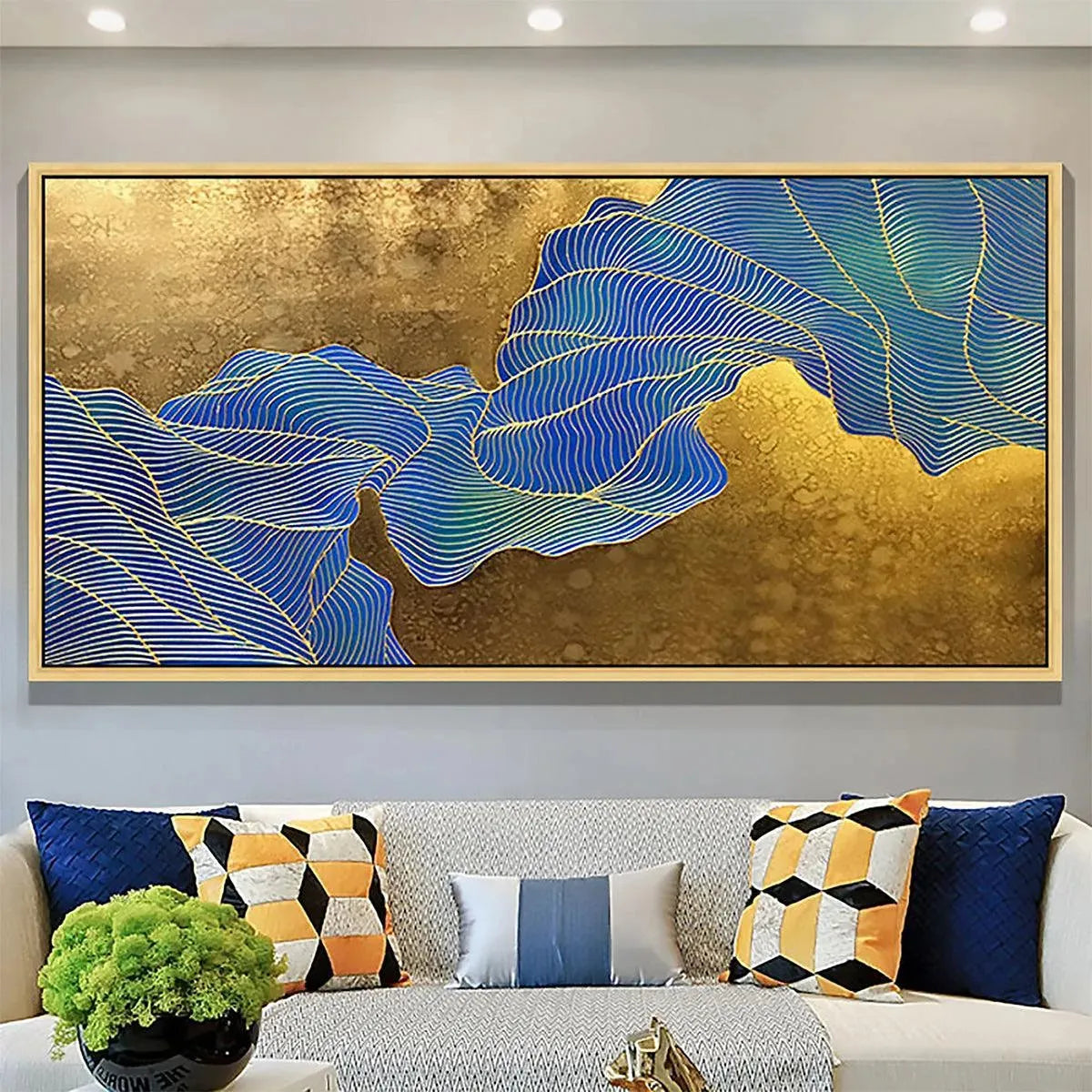 GOLDEN FLOW: Abstract Blue and Gold Oil Painting - Image 2