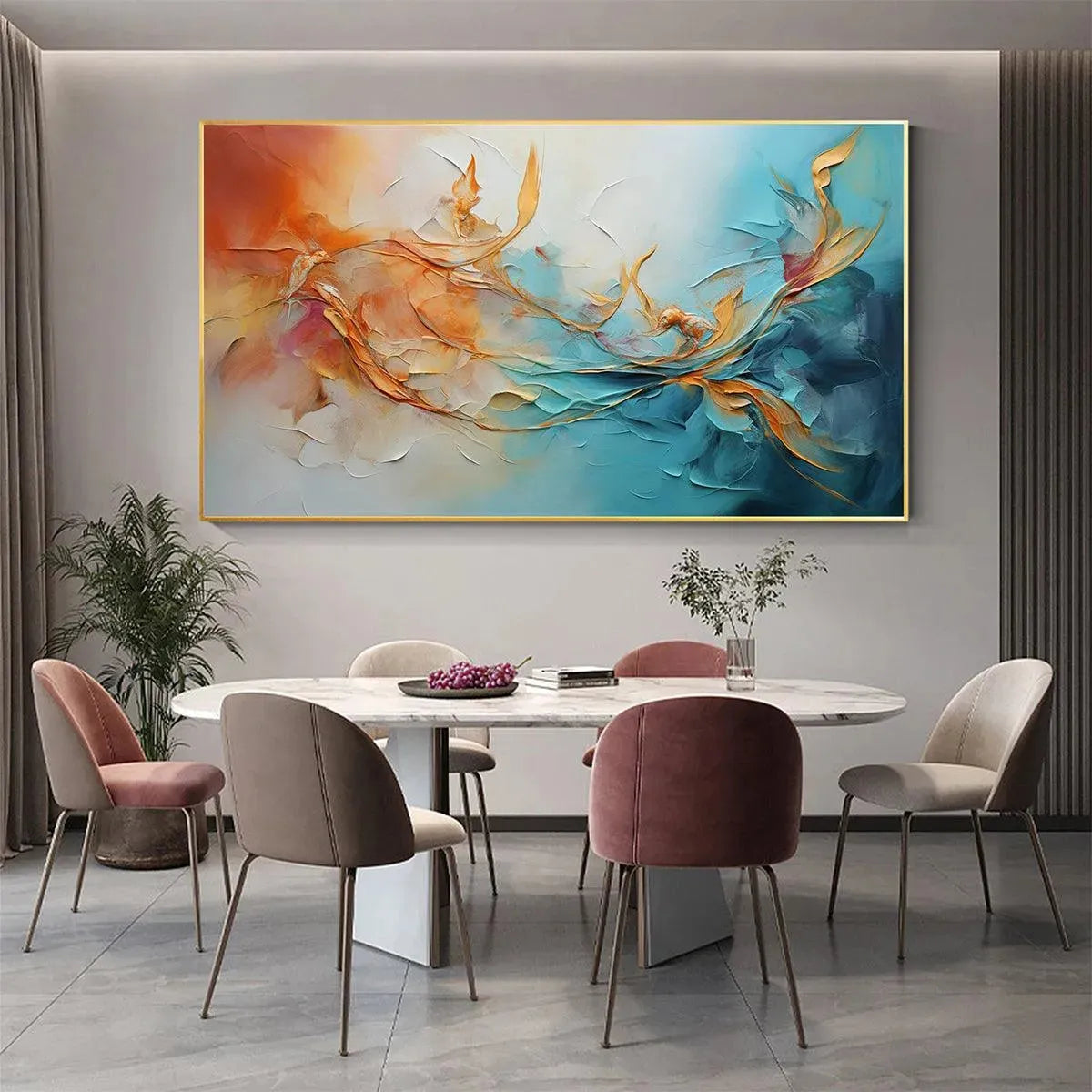 GOLDEN CURRENTS: Panoramic Abstract Teal and Gold Oil Painting - Image 2