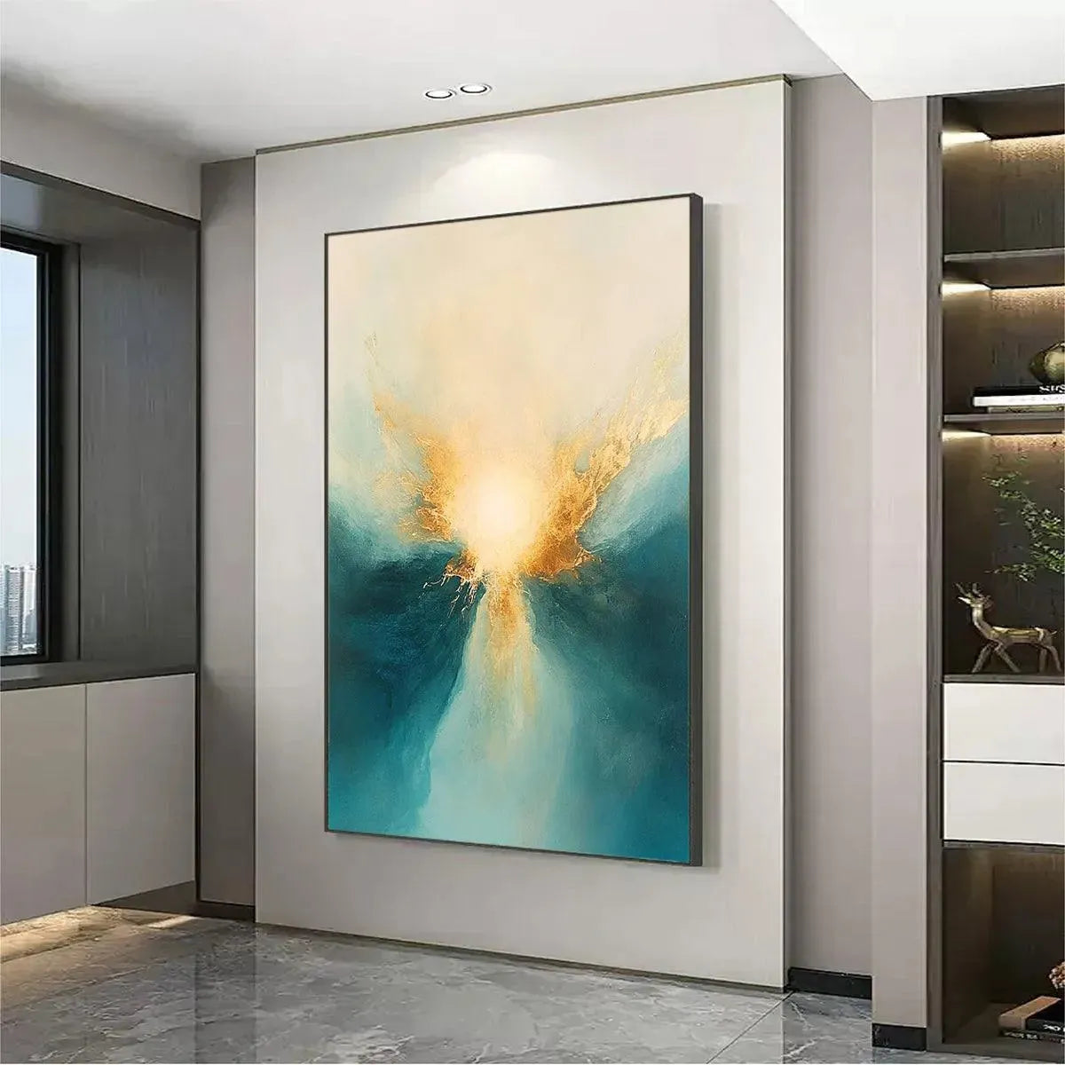 GOLDEN ABYSS: Abstract Teal and Gold Oil Painting - Image 4