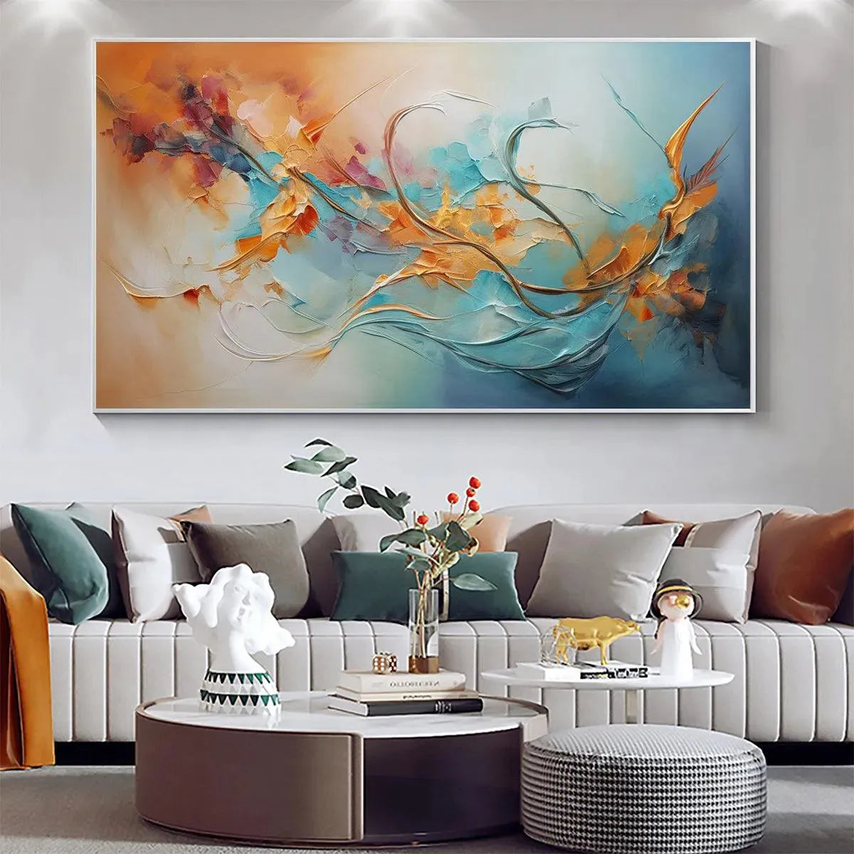 SERENE DAWN: Panoramic Abstract Teal and Gold Oil Painting - Image 2