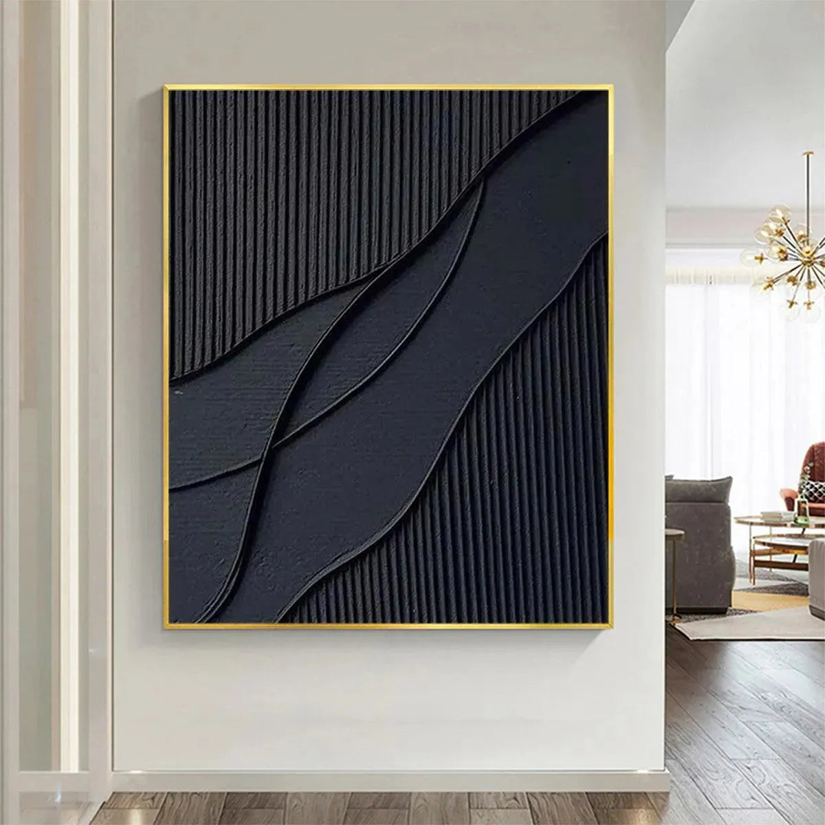 BLACK TEXTURED WAVES: Minimalist Textured Abstract Painting - Image 8
