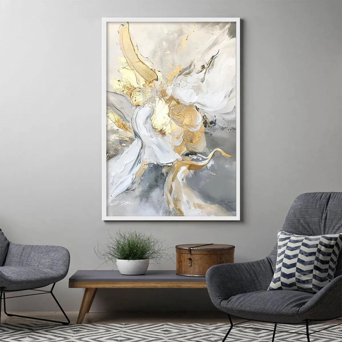 ETHEREAL GOLD: Abstract White, Grey and Gold Oil Painting - Image 2